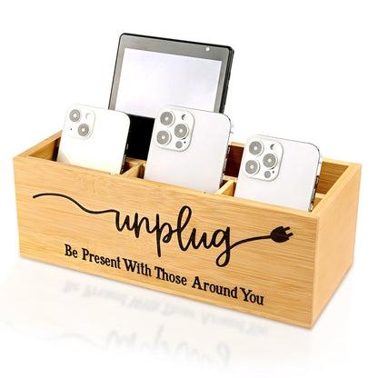 Bambus Holz Handy-Box – Digital Detox für Studium, Meetings und Familienzeit, Handy-Organizer mit Ladelöchern, Landhausstil, Platz für bis zu 18 Handys – Original Holz