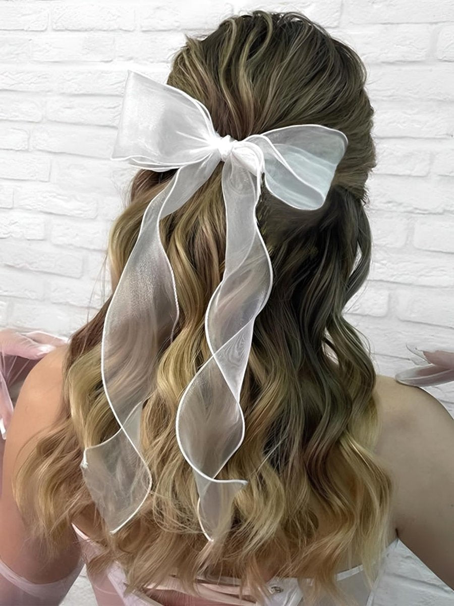 SAWINDA Braut Haarspange mit Schleier Organza Haarschleife Weiß Tüll Schleifen Haarnadeln Junggesellinnenparty Weihnachten Brautaccessoires Hochzeitskopfschmuck für Frauen Mädchen (11*8,3 Zoll)