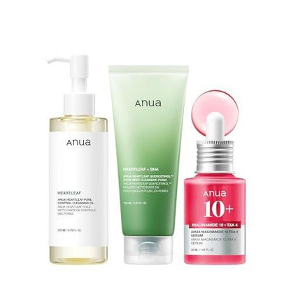 Anua 3-Schritt Glass Skin Anfänger-Set: Reinigungsöl, Gesichtsreiniger und Gesichtsserum mit Niacinamid – Doppelte Reinigungsroutine für die tägliche Hautpflege (Koreanische Hautpflege)
