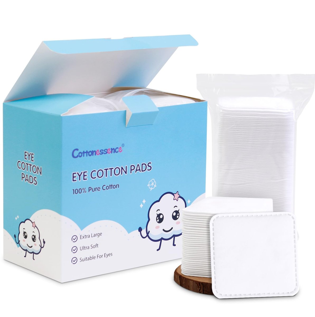 Cottonessence Augen-Wattepads (160 Stück) – 100% reine Baumwolle, fusselfrei, weichkantig, extragroß, für Augen, Toner, Make-up-Entfernung, Nagellackentfernung