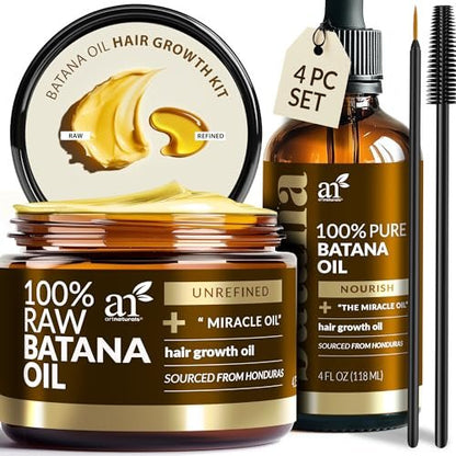 Batana Öl für Haarwachstum – 4-teiliges Set: Rohes Batana-Öl 4oz + 4,2oz Paste, Wimpernstab & Augenbrauenbürste – Bio, Dr. Sebi-inspirierte Produkte aus Honduras – 100% unraffiniertes Wunder für Kopfhaut, Kanten & Augenbrauen