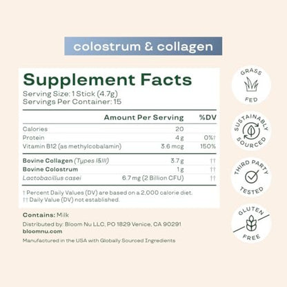 Bloom Nutrition Rinderkolostrum-Pulver – für Darmgesundheit, Immununterstützung, Haarwachstum & Schönheit – ungesüßt, glutenfrei, zuckerfrei – 15 Portionen