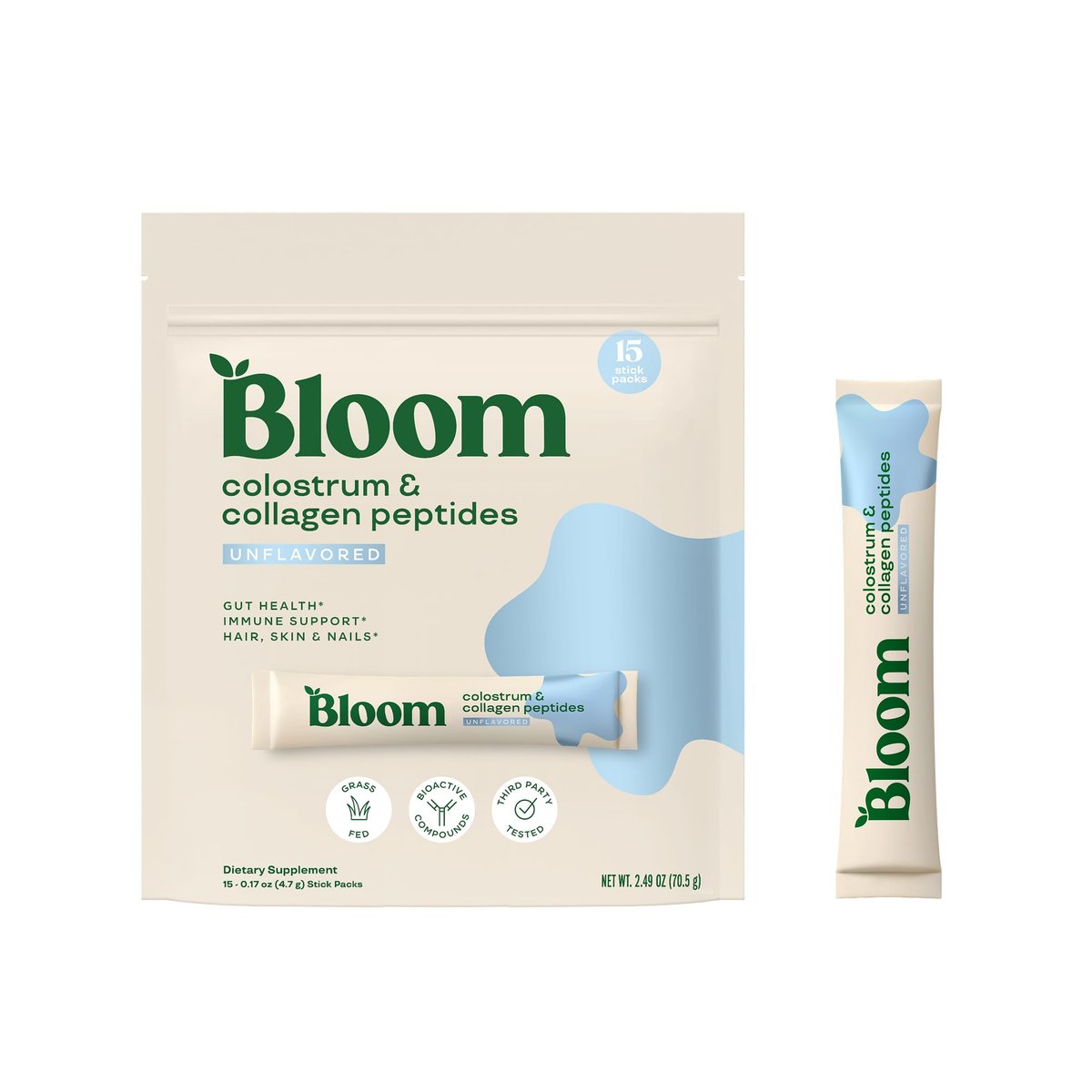 Bloom Nutrition Rinderkolostrum-Pulver – für Darmgesundheit, Immununterstützung, Haarwachstum & Schönheit – ungesüßt, glutenfrei, zuckerfrei – 15 Portionen