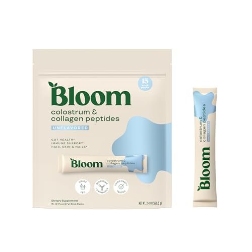 Bloom Nutrition Rinderkolostrum-Pulver – für Darmgesundheit, Immununterstützung, Haarwachstum & Schönheit – ungesüßt, glutenfrei, zuckerfrei – 15 Portionen