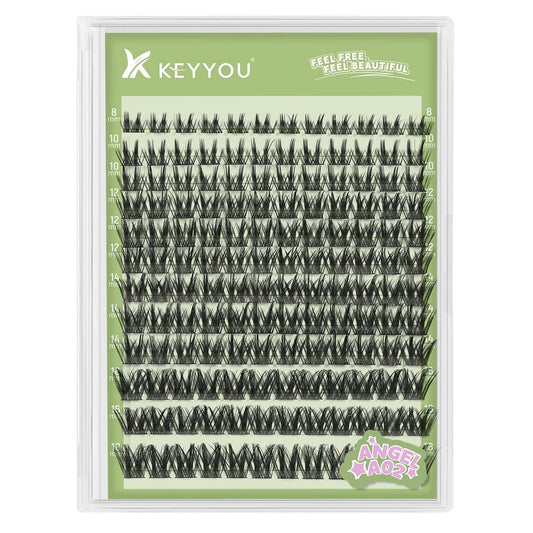 KEYYOU LASH Wimperncluster 144 Stück D Curl Angel Wimpernverlängerung, dicke, wispy, natürliche Bandwimpern mit wasserfester DIY Wimpernverlängerung für zu Hause (Angel A02-D-8-18MIX)