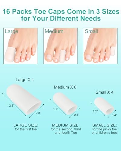 Uwbettry 16er-Pack Silikon Zehenschützer und Kappen, Gel-Zehenüberzüge Bandage Ärmel für Frauen & Männer Schmerzlinderung, Polster für Hühneraugen, Schwielen, Blasen, Nagelverlust (Transparent, gemischte Größen, 4L+8M+4S)