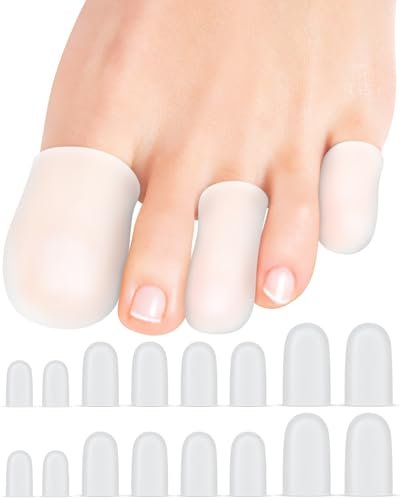Uwbettry 16er-Pack Silikon Zehenschützer und Kappen, Gel-Zehenüberzüge Bandage Ärmel für Frauen & Männer Schmerzlinderung, Polster für Hühneraugen, Schwielen, Blasen, Nagelverlust (Transparent, gemischte Größen, 4L+8M+4S)
