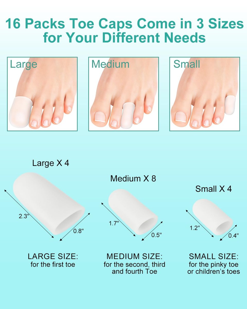 Uwbettry 16er-Pack Silikon Zehenschützer und Kappen, Gel-Zehenüberzüge Bandage Ärmel für Frauen & Männer Schmerzlinderung, Polster für Hühneraugen, Schwielen, Blasen, Nagelverlust (Transparent, gemischte Größen, 4L+8M+4S)