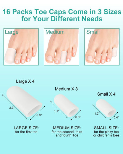 Uwbettry 16er-Pack Silikon Zehenschützer und Kappen, Gel-Zehenüberzüge Bandage Ärmel für Frauen & Männer Schmerzlinderung, Polster für Hühneraugen, Schwielen, Blasen, Nagelverlust (Transparent, gemischte Größen, 4L+8M+4S)
