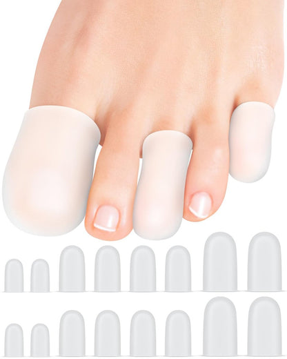 Uwbettry 16er-Pack Silikon Zehenschützer und Kappen, Gel-Zehenüberzüge Bandage Ärmel für Frauen & Männer Schmerzlinderung, Polster für Hühneraugen, Schwielen, Blasen, Nagelverlust (Transparent, gemischte Größen, 4L+8M+4S)