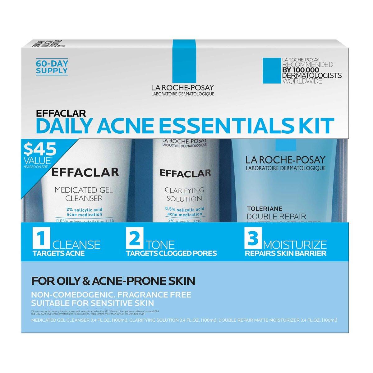 Effaclar Tägliches Anti-Akne-Startset: Salicylsäure-Reiniger, Porenverfeinerndes Gesichtswasser & Mattierende Feuchtigkeitscreme für ölige & Mischhaut – 2-Monats-Vorrat