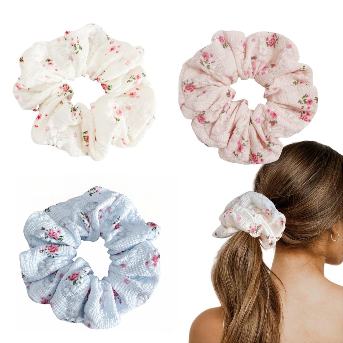 3 Stück Blumen-Scrunchies für Frauen, Spitzen-Haargummis, Blüten-Haarbänder, Haaraccessoires, Geschenk