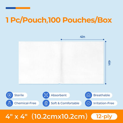 100 Stück sterile Mullkompressen 10x10 cm 12-lagig, 100% Baumwolle, große Wundauflagen, hoch saugfähig, Krankenhausqualität für Erste Hilfe & chirurgische Verbände