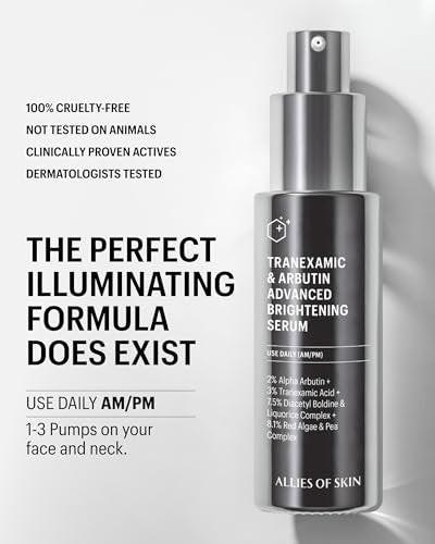 Allies of Skin Tranexamic & Arbutin Advanced Brightening Serum | Leichtes tägliches Serum mit Peptiden | 3% Tranexamsäure, belebt müde Haut | 1,6 fl oz