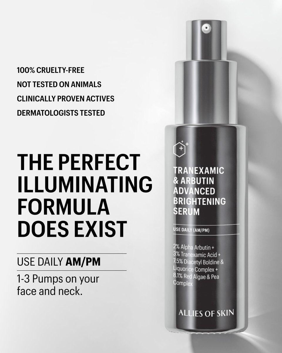 Allies of Skin Tranexamic & Arbutin Advanced Brightening Serum | Leichtes tägliches Serum mit Peptiden | 3% Tranexamsäure, belebt müde Haut | 1,6 fl oz