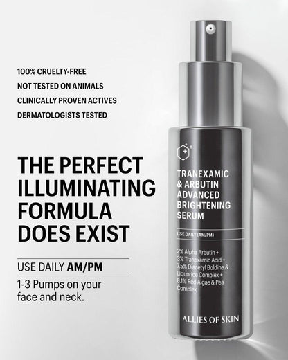 Allies of Skin Tranexamic & Arbutin Advanced Brightening Serum | Leichtes tägliches Serum mit Peptiden | 3% Tranexamsäure, belebt müde Haut | 1,6 fl oz