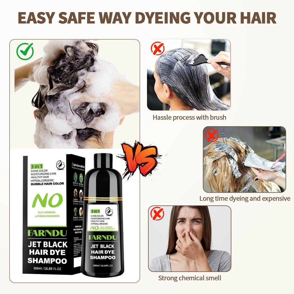 Farndu Jet Black Haar Tönungs Shampoo – Ammoniakfrei & PPD-frei, Natürliche Kräuter 3-in-1 Haarfarben Shampoo für Graue Haare bei Frauen und Männern