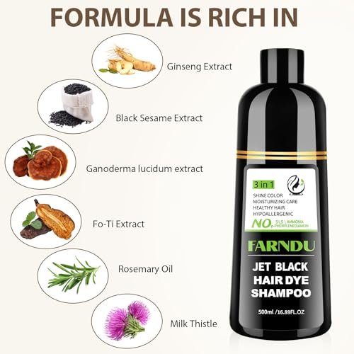 Farndu Jet Black Haar Tönungs Shampoo – Ammoniakfrei & PPD-frei, Natürliche Kräuter 3-in-1 Haarfarben Shampoo für Graue Haare bei Frauen und Männern