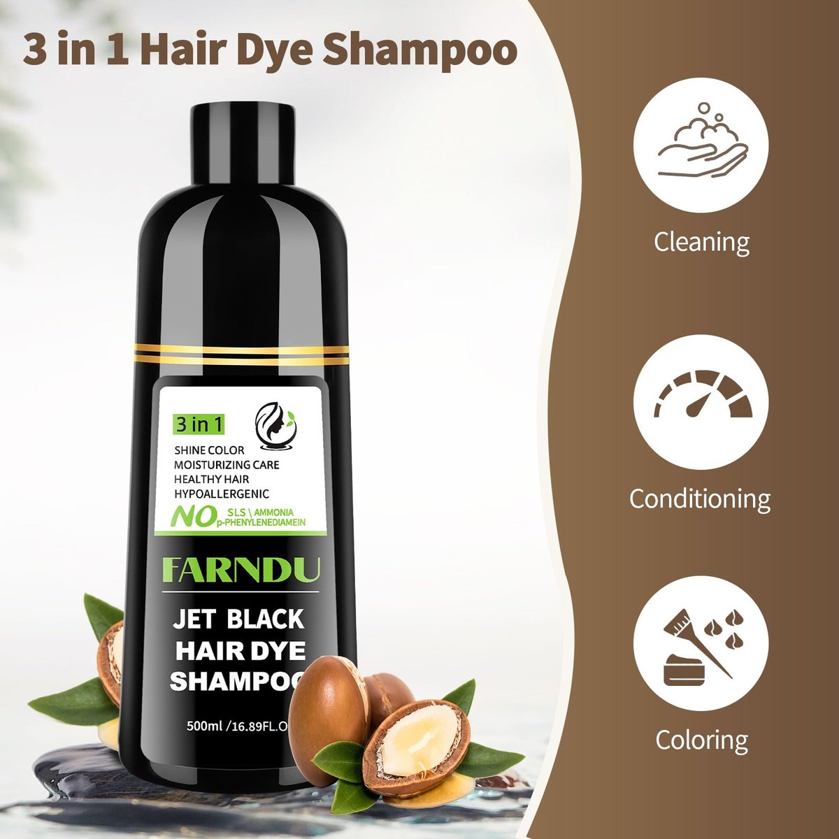 Farndu Jet Black Haar Tönungs Shampoo – Ammoniakfrei & PPD-frei, Natürliche Kräuter 3-in-1 Haarfarben Shampoo für Graue Haare bei Frauen und Männern