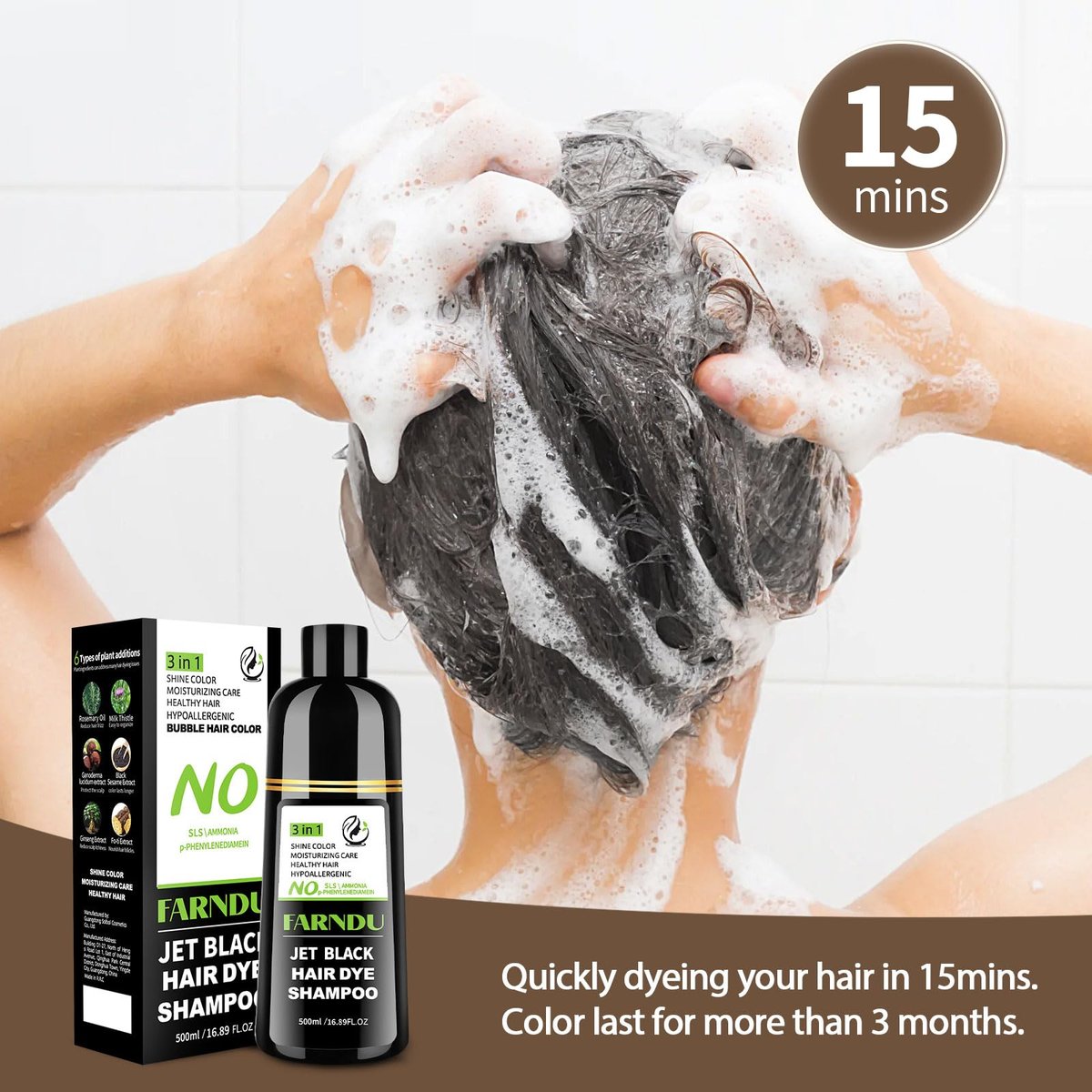 Farndu Jet Black Haar Tönungs Shampoo – Ammoniakfrei & PPD-frei, Natürliche Kräuter 3-in-1 Haarfarben Shampoo für Graue Haare bei Frauen und Männern