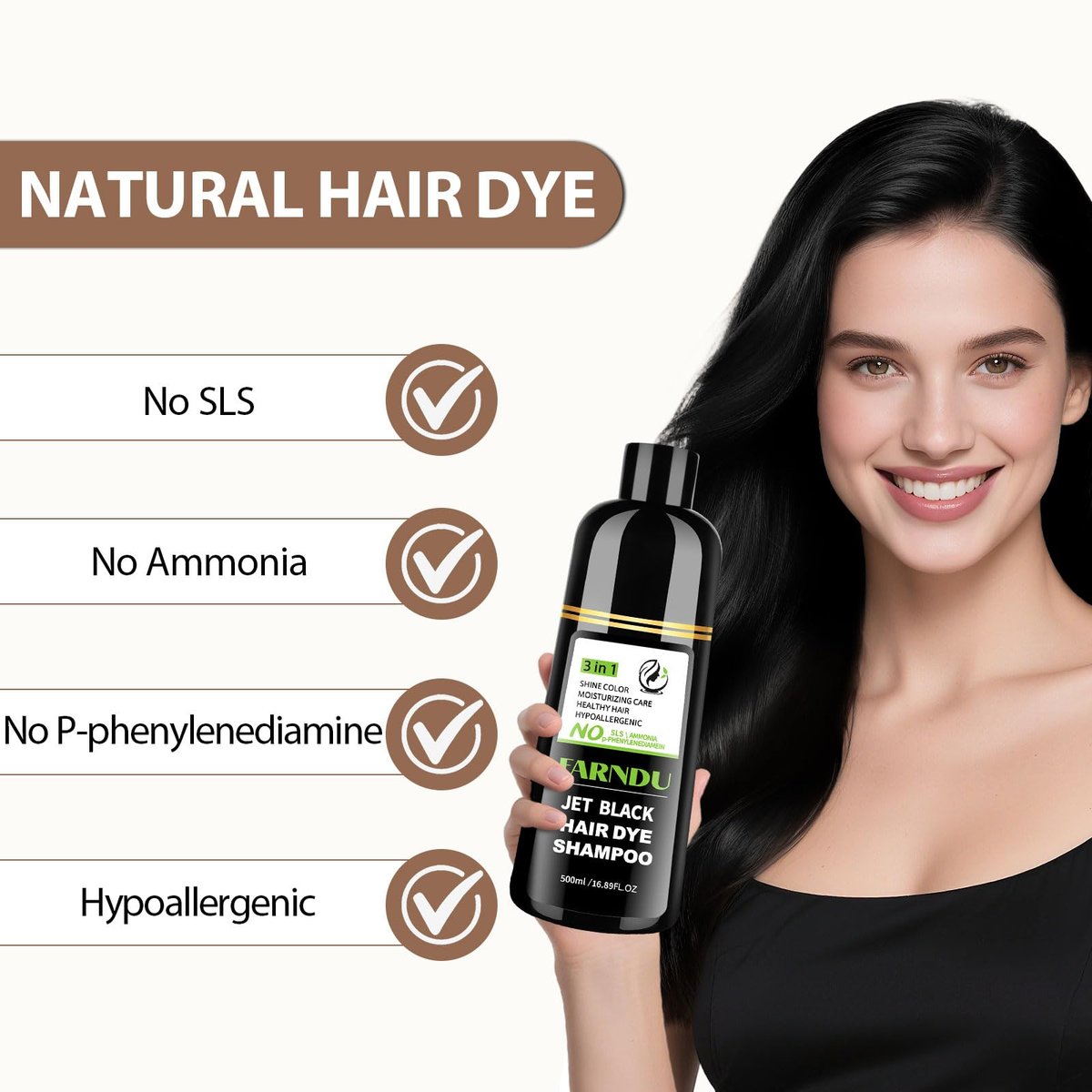 Farndu Jet Black Haar Tönungs Shampoo – Ammoniakfrei & PPD-frei, Natürliche Kräuter 3-in-1 Haarfarben Shampoo für Graue Haare bei Frauen und Männern