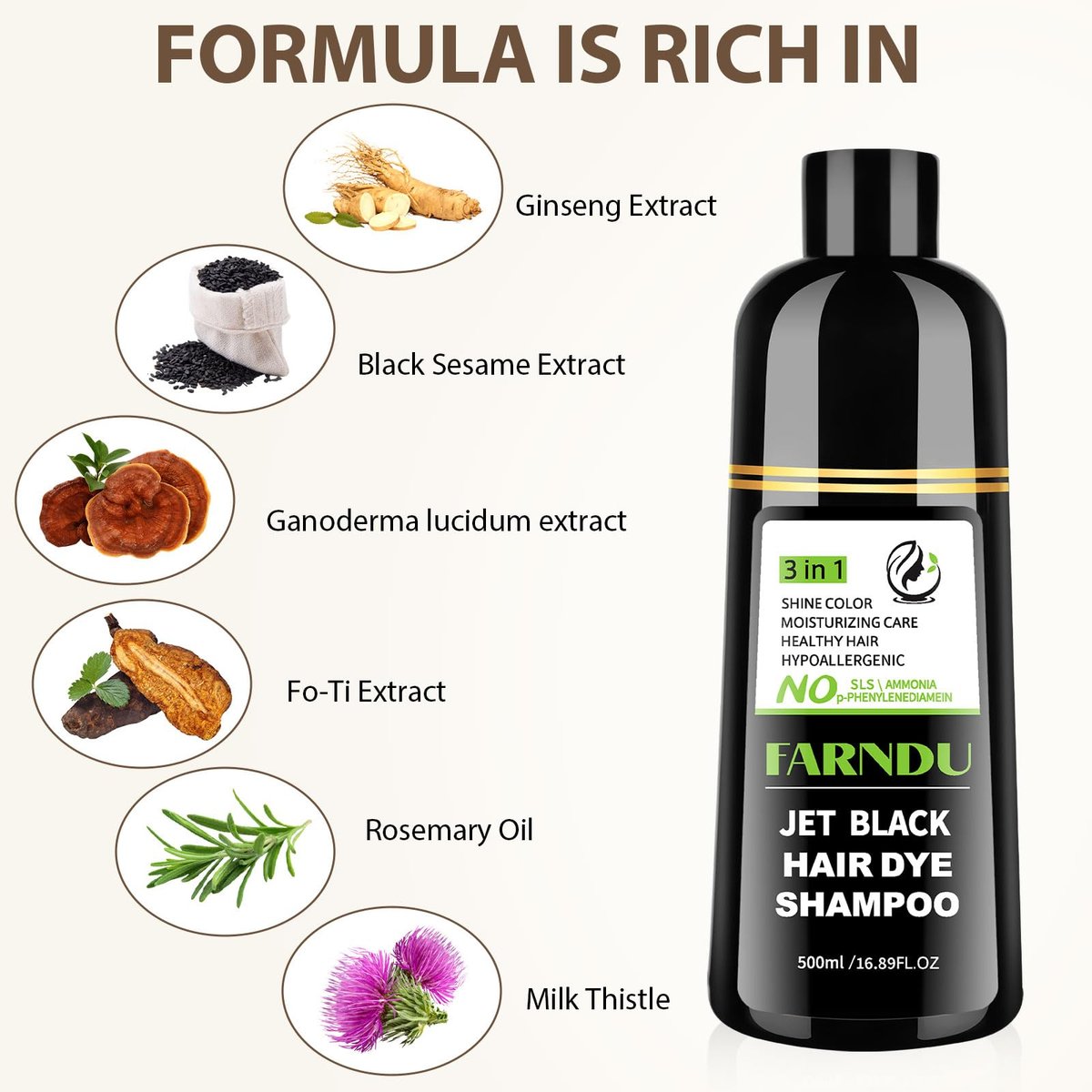 Farndu Jet Black Haar Tönungs Shampoo – Ammoniakfrei & PPD-frei, Natürliche Kräuter 3-in-1 Haarfarben Shampoo für Graue Haare bei Frauen und Männern