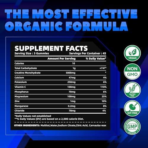 GlucoBio Creatin-Monohydrat Gummis (5g) – Pre-Workout Energie & Muskelaufbau für Männer & Frauen | Blaubeer-Elektrolyt-Gummis (135 Stück)