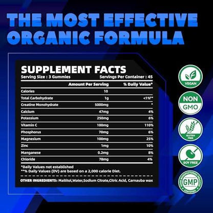 GlucoBio Creatin-Monohydrat Gummis (5g) – Pre-Workout Energie & Muskelaufbau für Männer & Frauen | Blaubeer-Elektrolyt-Gummis (135 Stück)