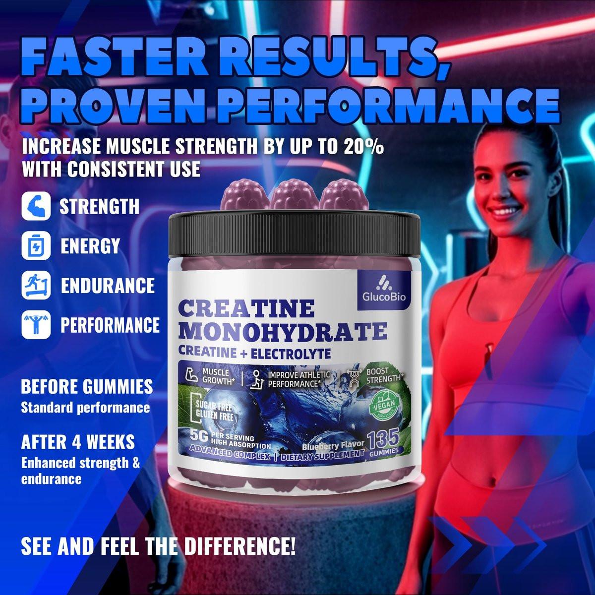 GlucoBio Creatin-Monohydrat Gummis (5g) – Pre-Workout Energie & Muskelaufbau für Männer & Frauen | Blaubeer-Elektrolyt-Gummis (135 Stück)