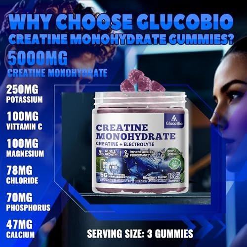 GlucoBio Creatin-Monohydrat Gummis (5g) – Pre-Workout Energie & Muskelaufbau für Männer & Frauen | Blaubeer-Elektrolyt-Gummis (135 Stück)