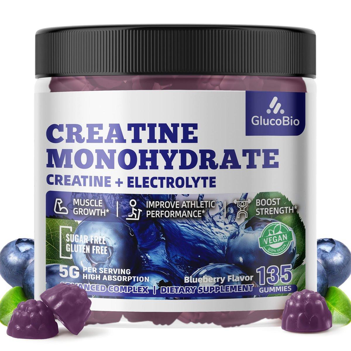 GlucoBio Creatin-Monohydrat Gummis (5g) – Pre-Workout Energie & Muskelaufbau für Männer & Frauen | Blaubeer-Elektrolyt-Gummis (135 Stück)