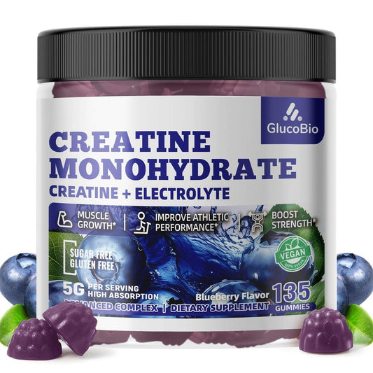 GlucoBio Creatin-Monohydrat Gummis (5g) – Pre-Workout Energie & Muskelaufbau für Männer & Frauen | Blaubeer-Elektrolyt-Gummis (135 Stück)