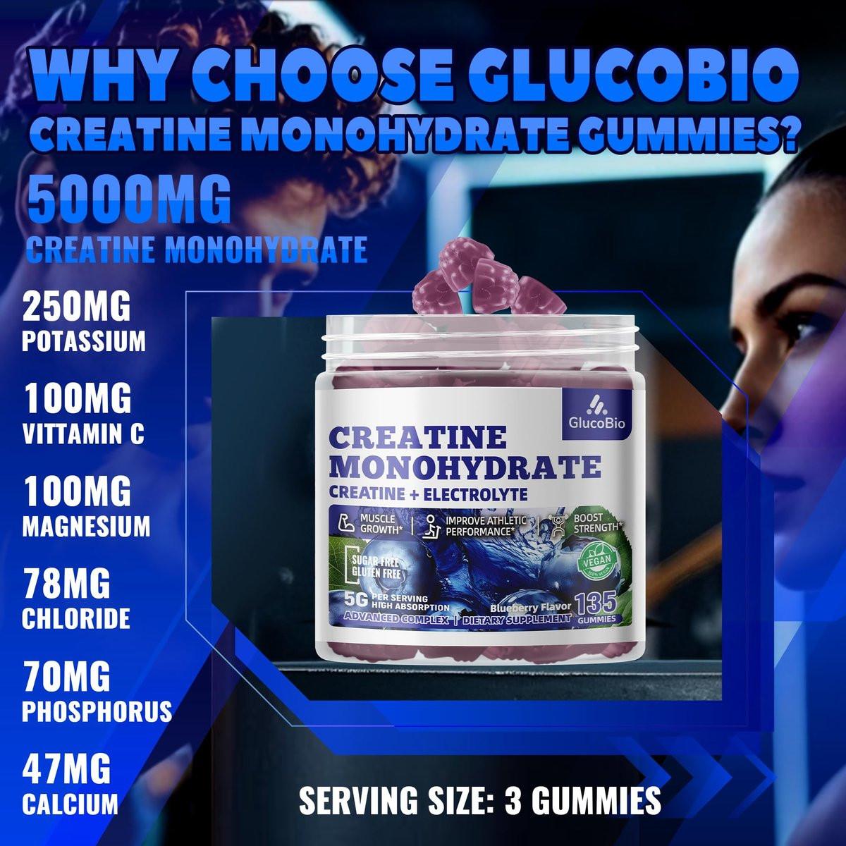GlucoBio Creatin-Monohydrat Gummis (5g) – Pre-Workout Energie & Muskelaufbau für Männer & Frauen | Blaubeer-Elektrolyt-Gummis (135 Stück)