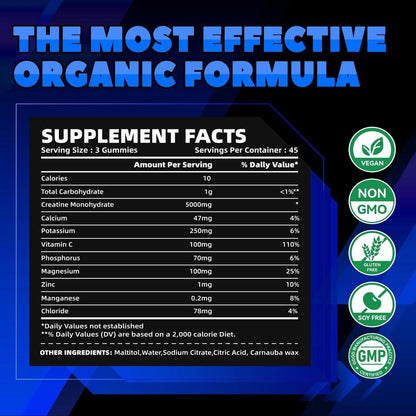 GlucoBio Creatin-Monohydrat Gummis (5g) – Pre-Workout Energie & Muskelaufbau für Männer & Frauen | Blaubeer-Elektrolyt-Gummis (135 Stück)