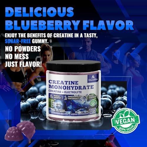 GlucoBio Creatin-Monohydrat Gummis (5g) – Pre-Workout Energie & Muskelaufbau für Männer & Frauen | Blaubeer-Elektrolyt-Gummis (135 Stück)