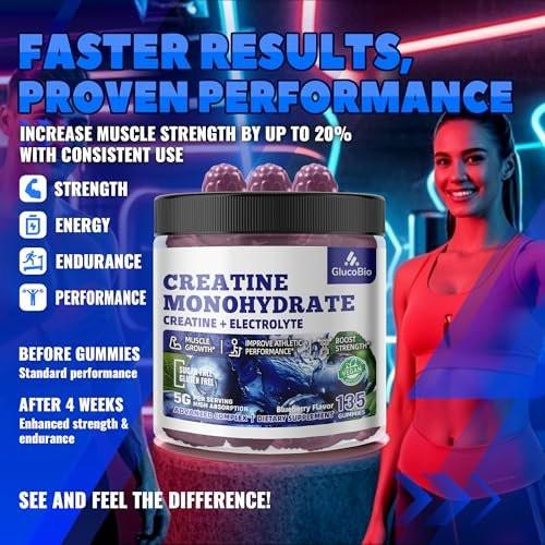 GlucoBio Creatin-Monohydrat Gummis (5g) – Pre-Workout Energie & Muskelaufbau für Männer & Frauen | Blaubeer-Elektrolyt-Gummis (135 Stück)