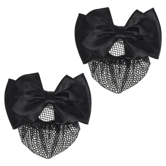 2er-Pack Haarnetz mit Schleife, Haarnetz für Damen, Haartuch mit Satin-Schleifen-Clip, Haarschmuck für Stewardessen, Banken, Hotels und Restaurantpersonal (Schwarz)