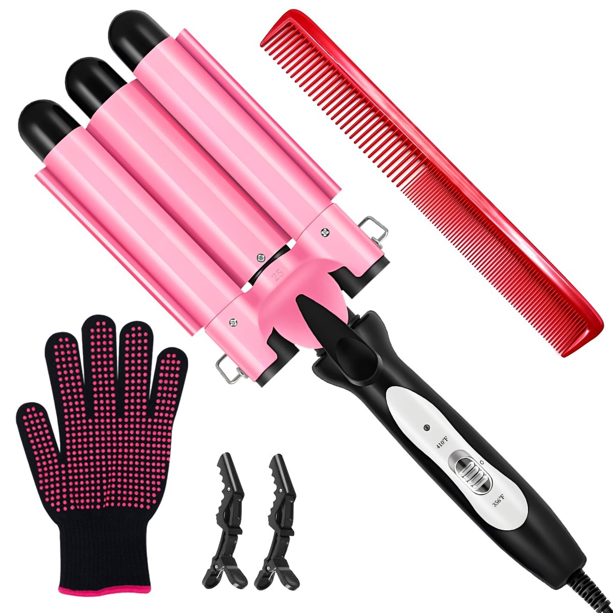 CLSYBelize 3 Barrel Curling Iron - 1 Zoll Keramik-Haarcrimper und Welleneisen für Beach Waves, Doppelspannung, 2 Temperatureinstellungen (Pink)