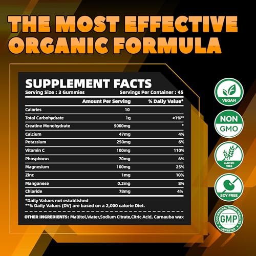 GlucoBio Kreatin-Monohydrat Gummis (5g) – Pre-Workout Energie & Muskelwachstum für Männer & Frauen | Orangen-Elektrolyt-Gummis (135 Stück)