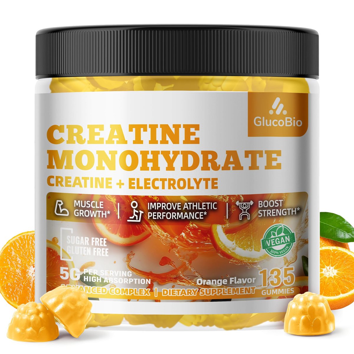 GlucoBio Kreatin-Monohydrat Gummis (5g) – Pre-Workout Energie & Muskelwachstum für Männer & Frauen | Orangen-Elektrolyt-Gummis (135 Stück)