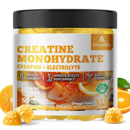 GlucoBio Kreatin-Monohydrat Gummis (5g) – Pre-Workout Energie & Muskelwachstum für Männer & Frauen | Orangen-Elektrolyt-Gummis (135 Stück)