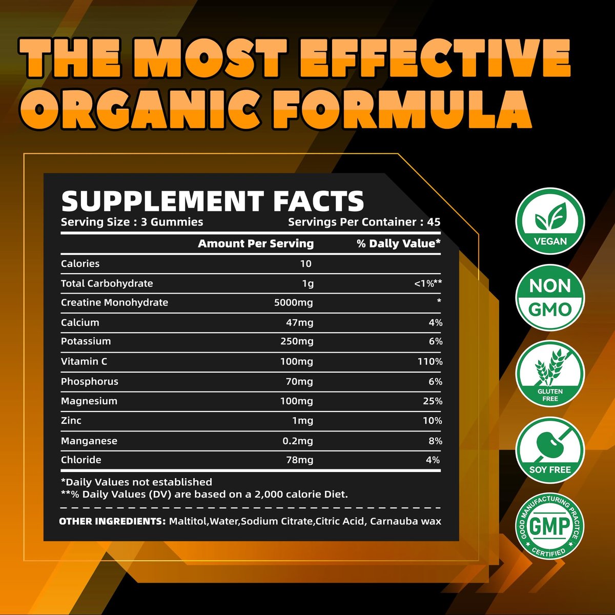 GlucoBio Kreatin-Monohydrat Gummis (5g) – Pre-Workout Energie & Muskelwachstum für Männer & Frauen | Orangen-Elektrolyt-Gummis (135 Stück)