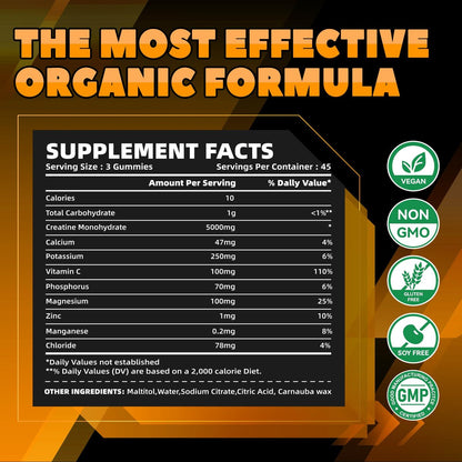GlucoBio Kreatin-Monohydrat Gummis (5g) – Pre-Workout Energie & Muskelwachstum für Männer & Frauen | Orangen-Elektrolyt-Gummis (135 Stück)