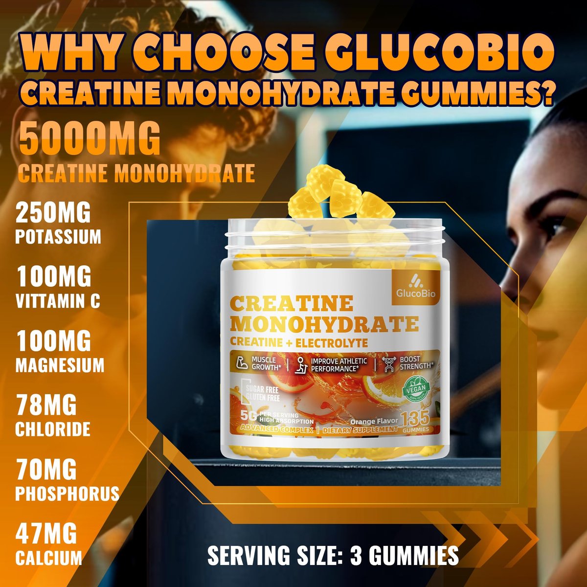 GlucoBio Kreatin-Monohydrat Gummis (5g) – Pre-Workout Energie & Muskelwachstum für Männer & Frauen | Orangen-Elektrolyt-Gummis (135 Stück)