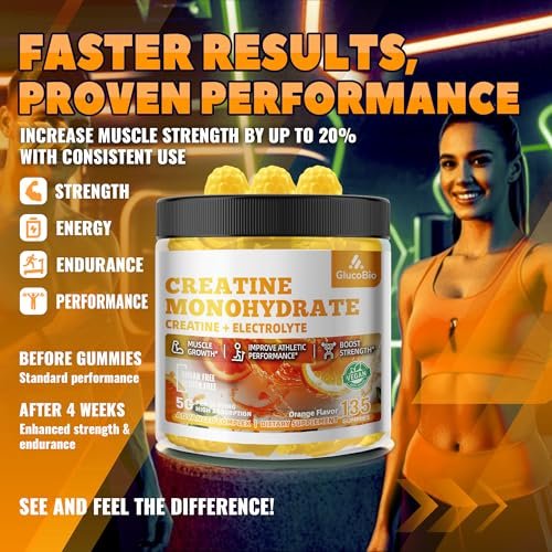 GlucoBio Kreatin-Monohydrat Gummis (5g) – Pre-Workout Energie & Muskelwachstum für Männer & Frauen | Orangen-Elektrolyt-Gummis (135 Stück)
