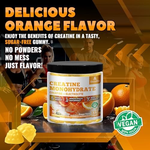 GlucoBio Kreatin-Monohydrat Gummis (5g) – Pre-Workout Energie & Muskelwachstum für Männer & Frauen | Orangen-Elektrolyt-Gummis (135 Stück)