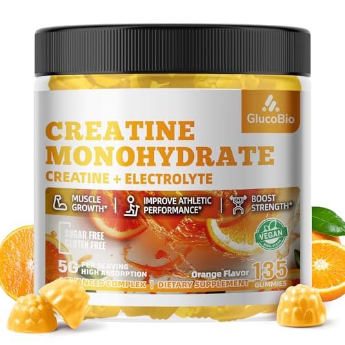GlucoBio Kreatin-Monohydrat Gummis (5g) – Pre-Workout Energie & Muskelwachstum für Männer & Frauen | Orangen-Elektrolyt-Gummis (135 Stück)