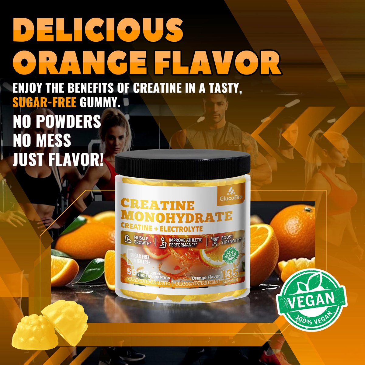GlucoBio Kreatin-Monohydrat Gummis (5g) – Pre-Workout Energie & Muskelwachstum für Männer & Frauen | Orangen-Elektrolyt-Gummis (135 Stück)
