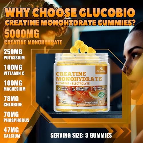 GlucoBio Kreatin-Monohydrat Gummis (5g) – Pre-Workout Energie & Muskelwachstum für Männer & Frauen | Orangen-Elektrolyt-Gummis (135 Stück)