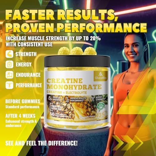 GlucoBio Creatin-Monohydrat Gummis (5g) – Pre-Workout Energie & Muskelwachstum für Männer & Frauen | Ananas-Elektrolyt-Gummis (135 Stück)